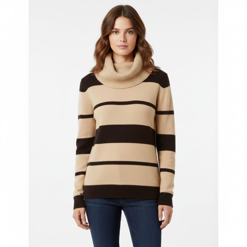 Lauren Ralph Lauren Cream Brown Cowl Neck 100% Cashmere Sweater Size M
